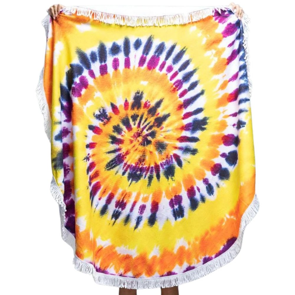 Tie-Dye Beach Towel From Ruggine Fringe Accents Large 58" Diameter Yellow Navy+